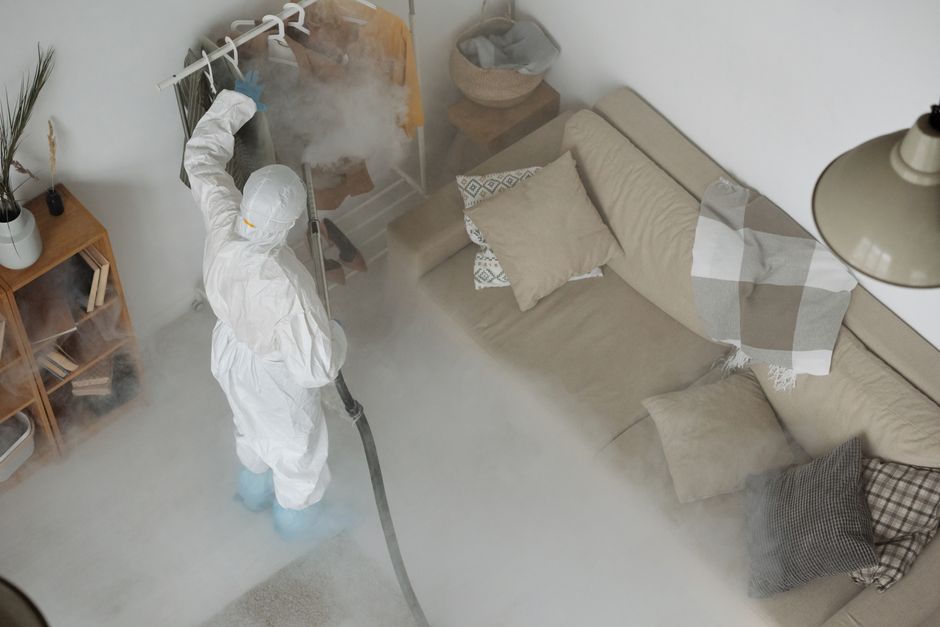 A professional cleaning specialist from upminsterbridgecarpetcleaners.co.uk is performing deep sofa surface cleaning using a steam or vaporizer device in a modern living room. The worker, dressed in a